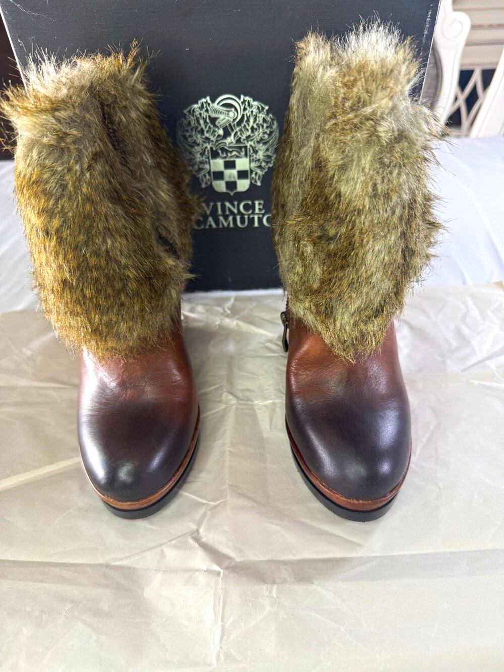 Vince Camuto Jamie Women’s Brown Leather Wedge Ankle Boots Faux Fur Lined Zip